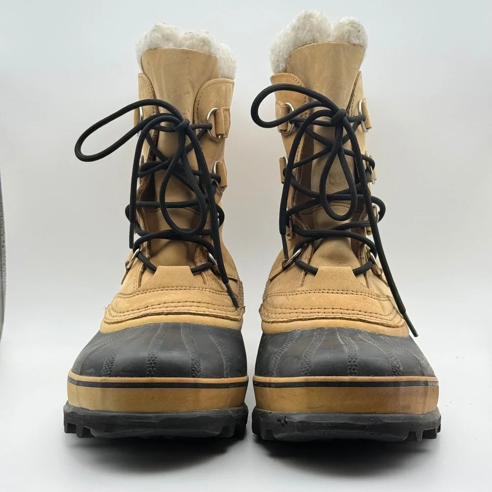 Sorel Caribou Snow Boots Mens 10 Tan Waterproof Leather Faux Fur Winter
